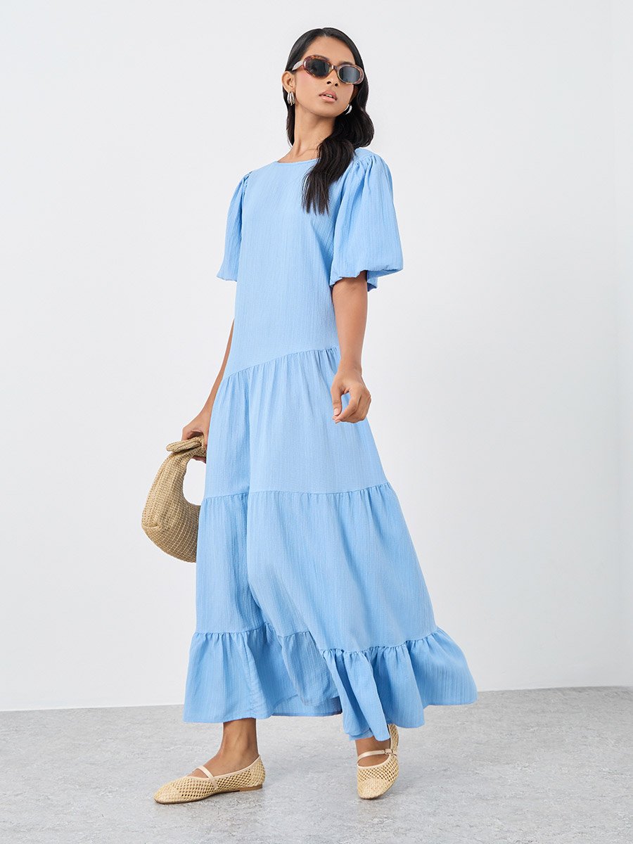 Texture Lantern Short Sleeve Maxi Dress