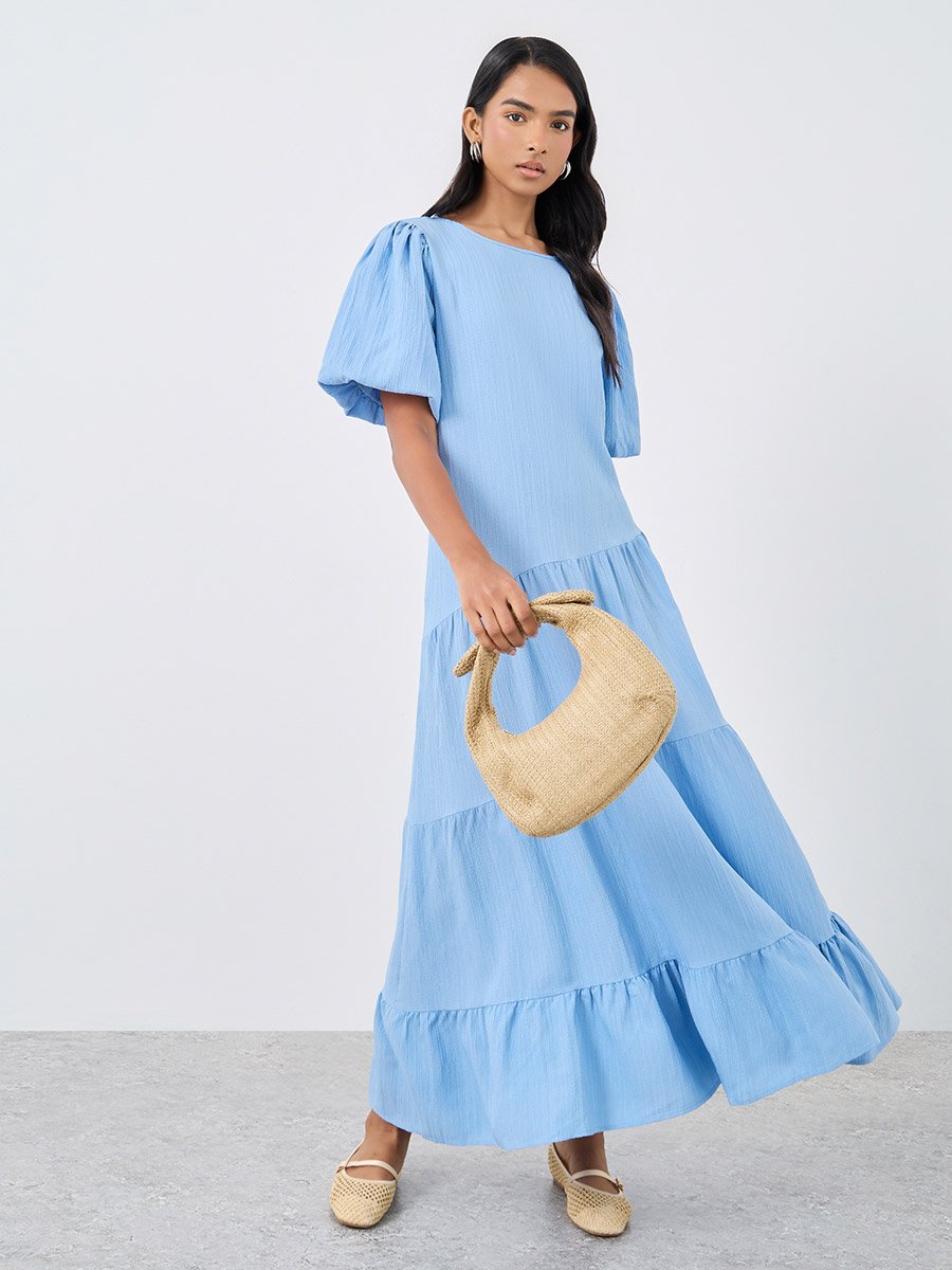 Texture Lantern Short Sleeve Maxi Dress