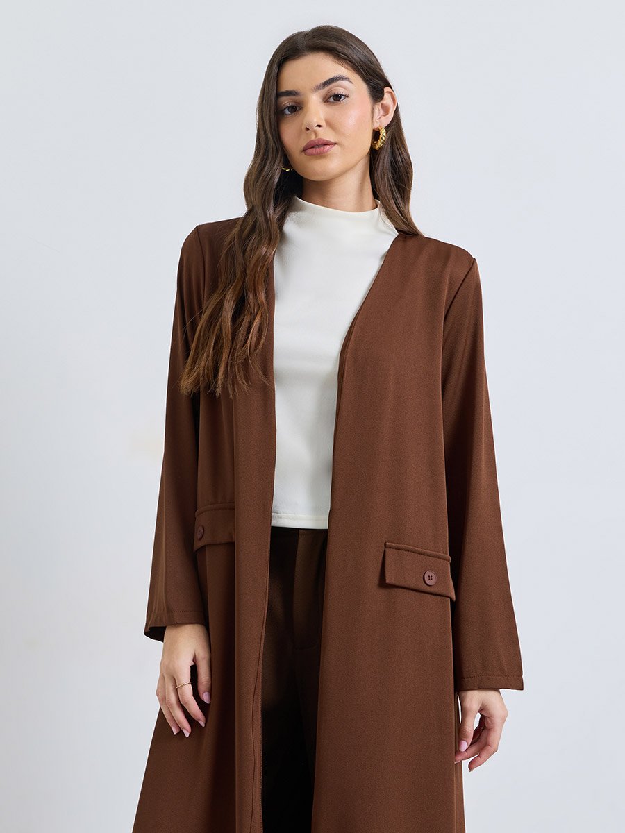 Brown Front Open Winter Abaya with Mock Flap Pockets