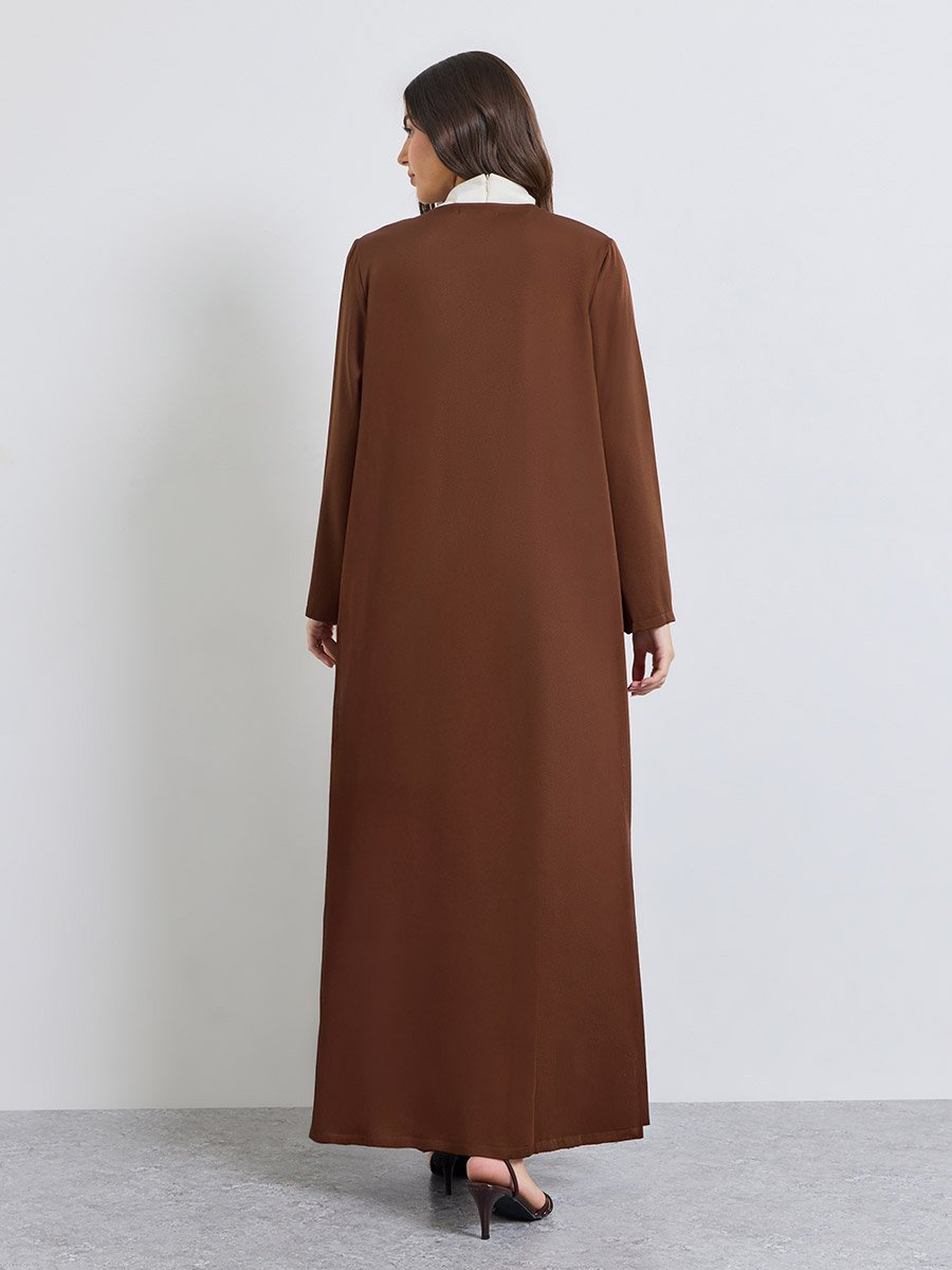Brown Front Open Winter Abaya with Mock Flap Pockets