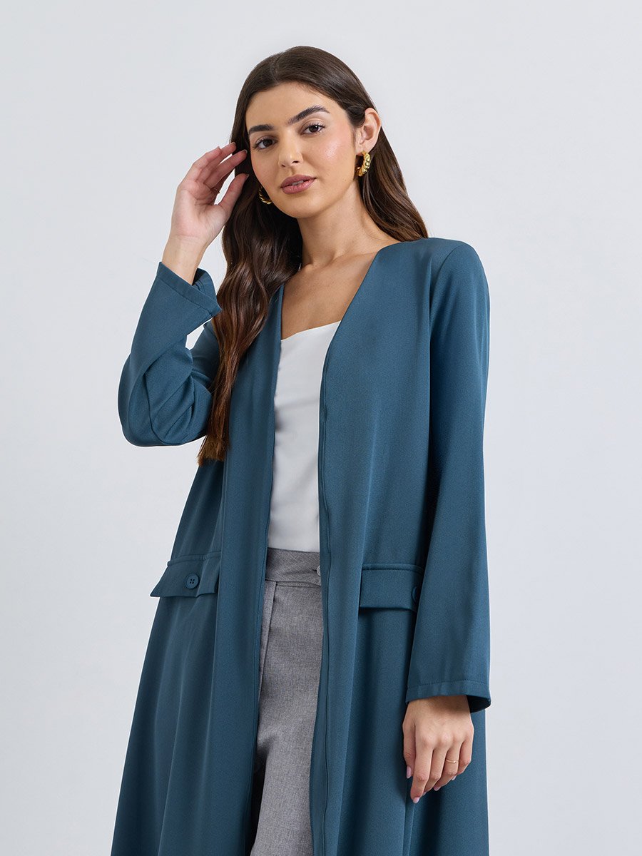 Teal Front Open Winter Abaya with Mock Flap Pockets