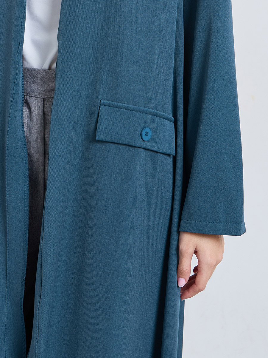 Teal Front Open Winter Abaya with Mock Flap Pockets