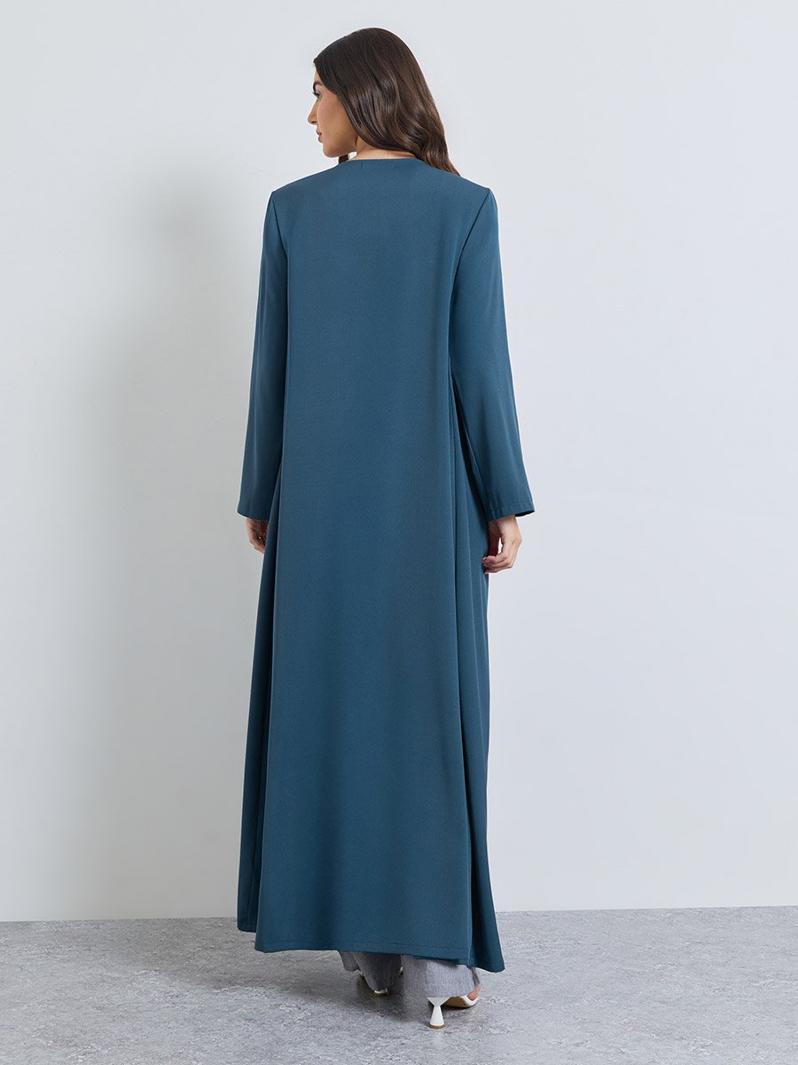 Teal Front Open Winter Abaya with Mock Flap Pockets