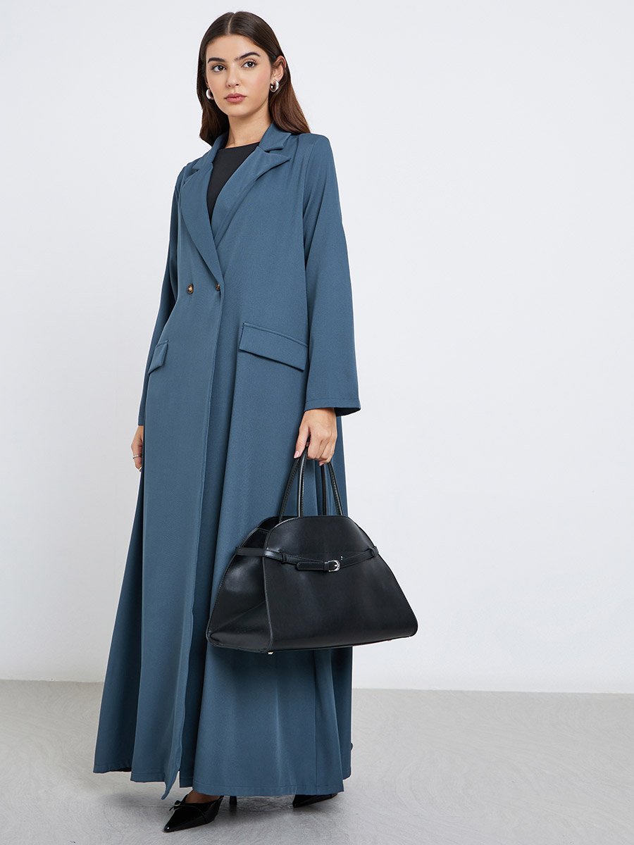 Women Notch Lapel Abaya with Mock Flap