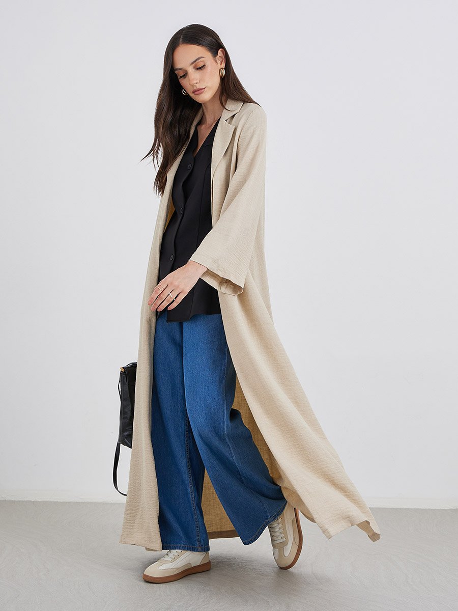 Women Beige Front Open Abaya with Notch Lapel