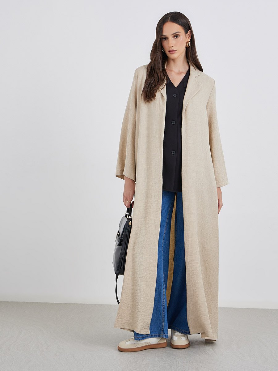 Women Beige Front Open Abaya with Notch Lapel