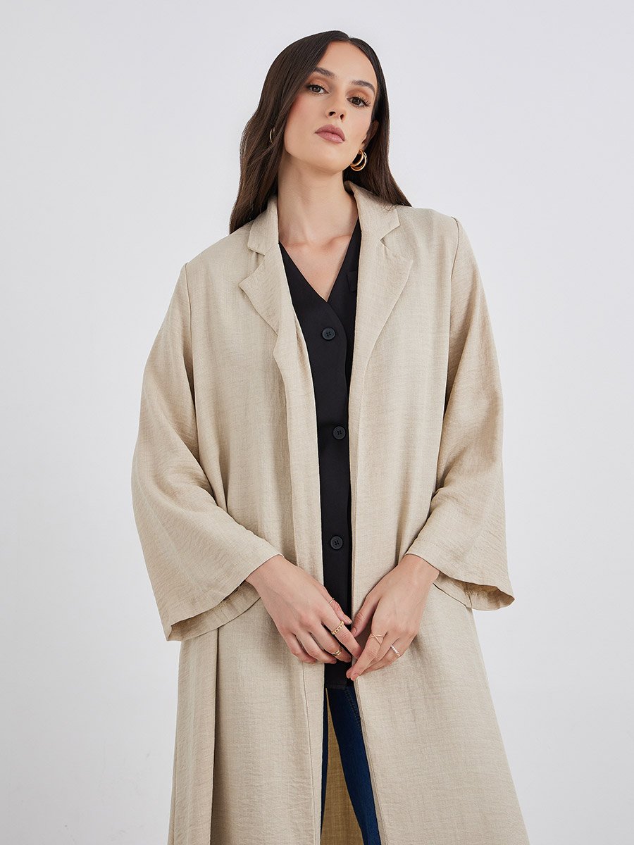 Women Beige Front Open Abaya with Notch Lapel