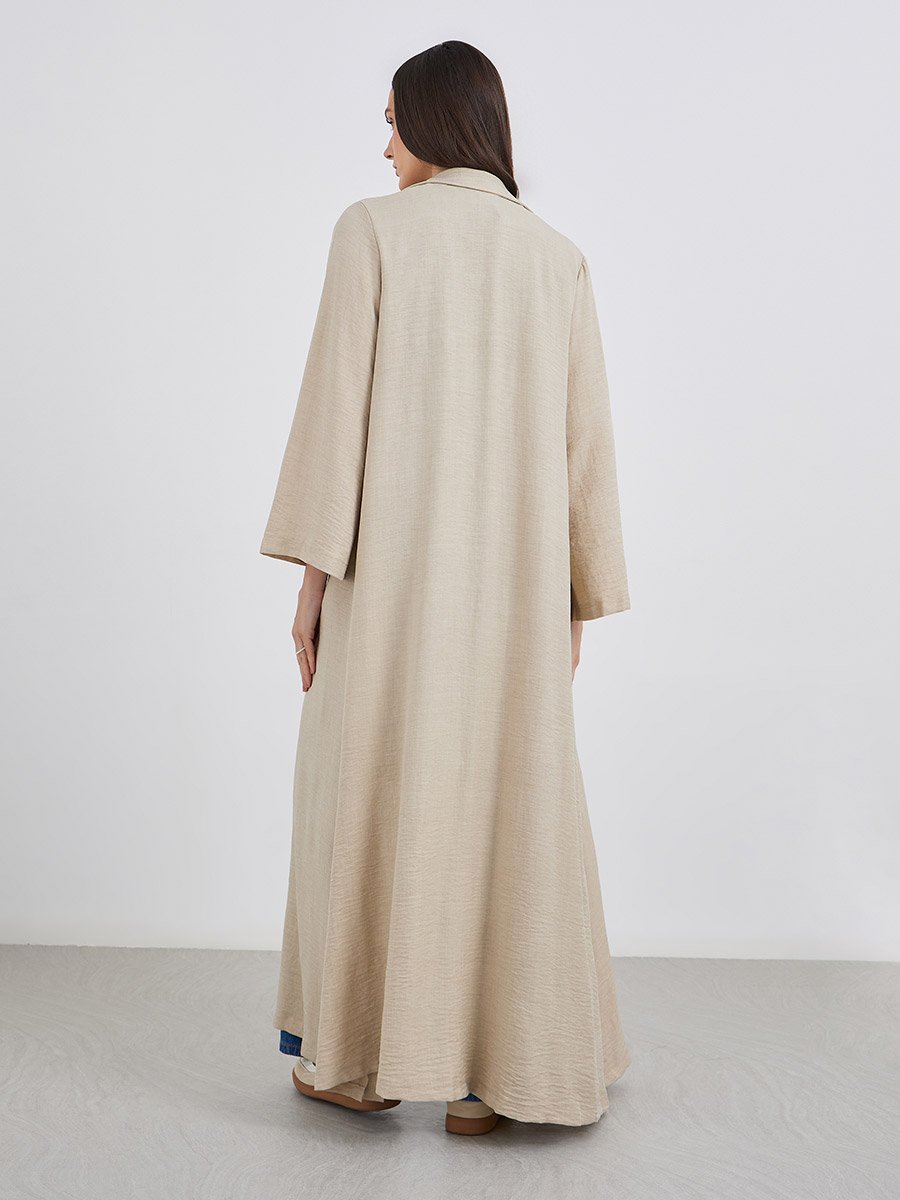 Women Beige Front Open Abaya with Notch Lapel