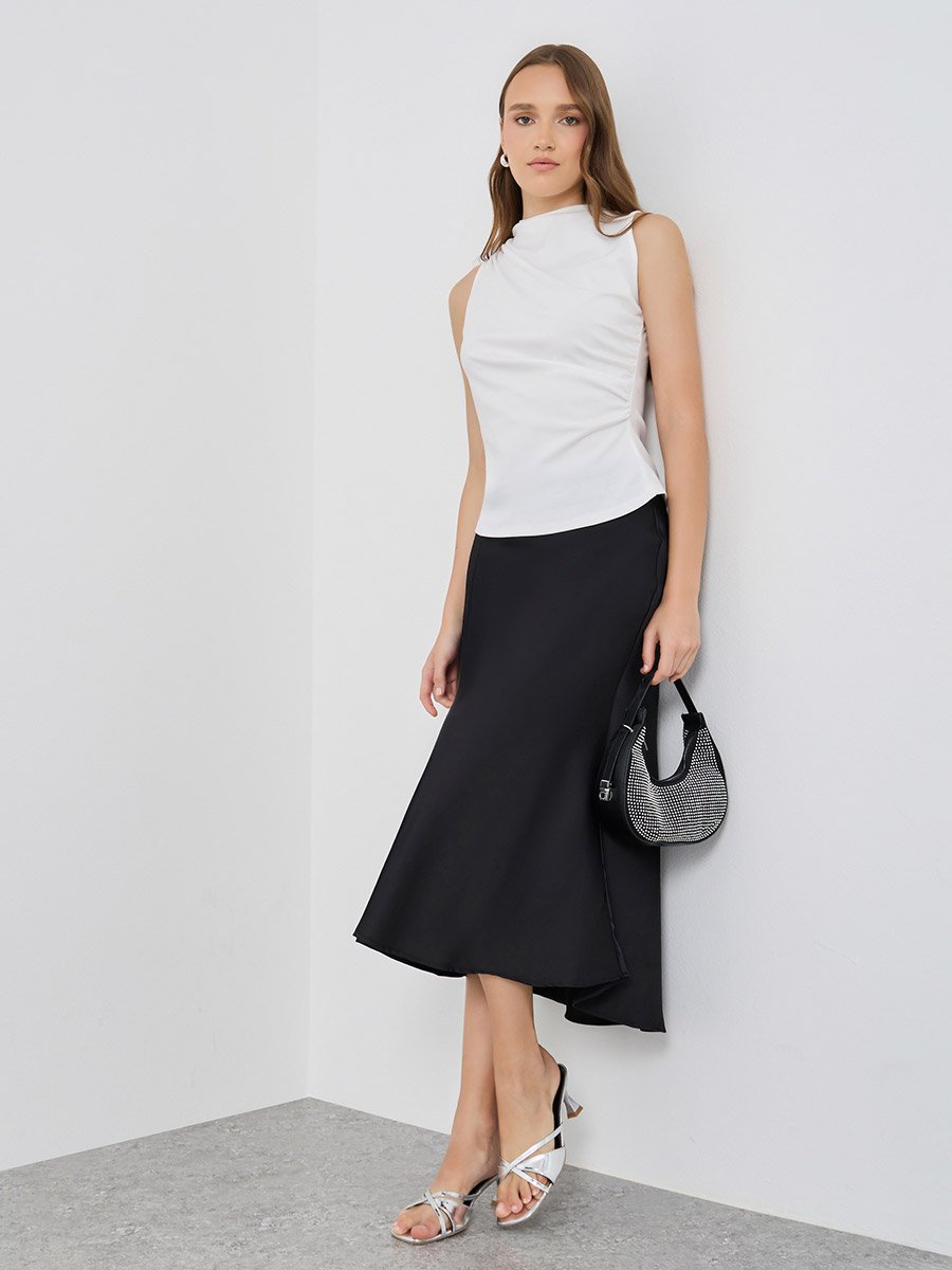 Solid High Rise Mermaid Hem Midi Skirt