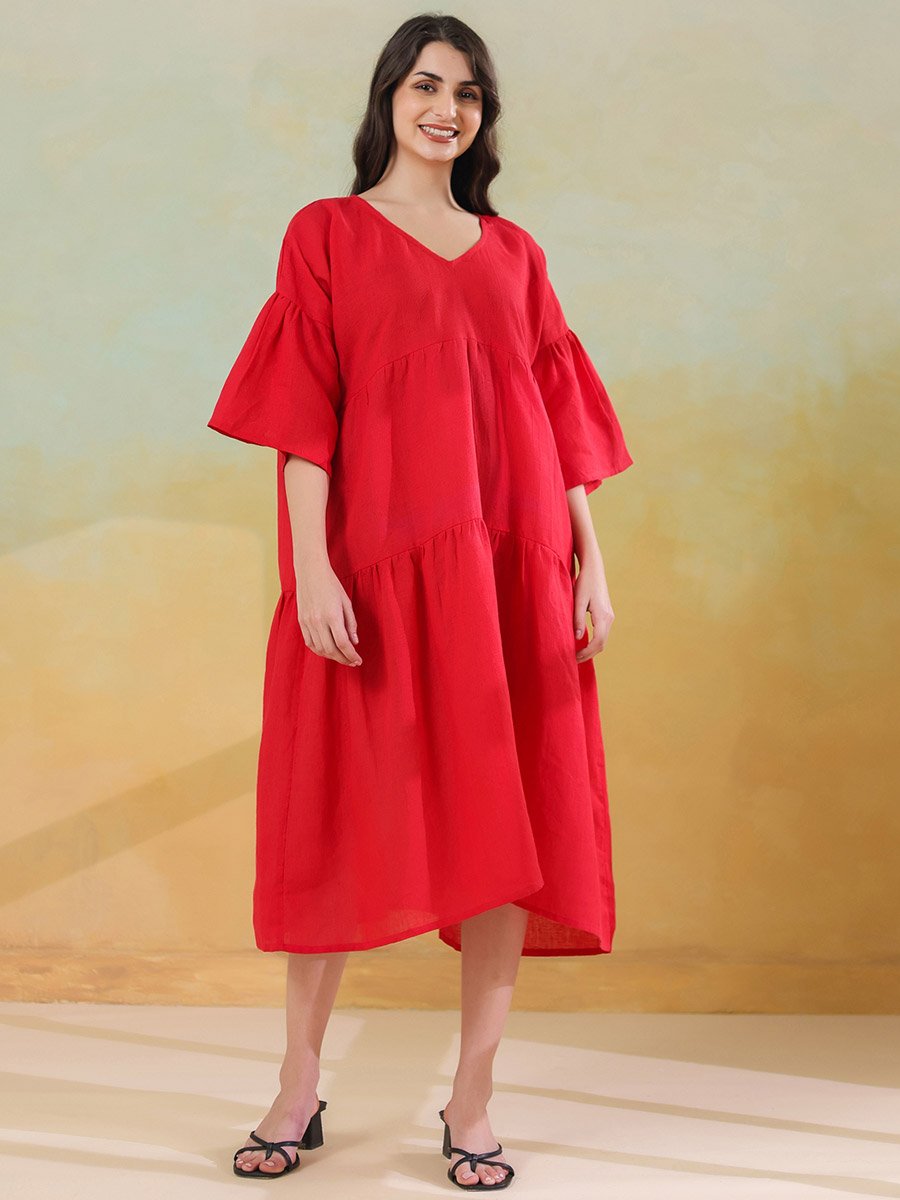 Women Red Linen Blend V Neck A-Line Midi Dress