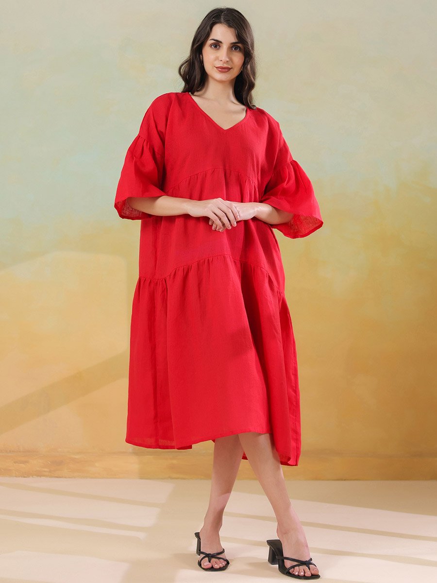 Women Red Linen Blend V Neck A-Line Midi Dress