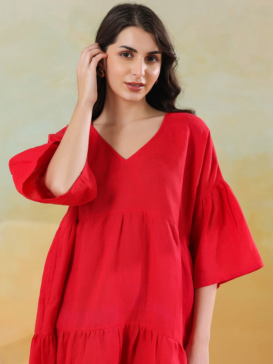 Women Red Linen Blend V Neck A-Line Midi Dress