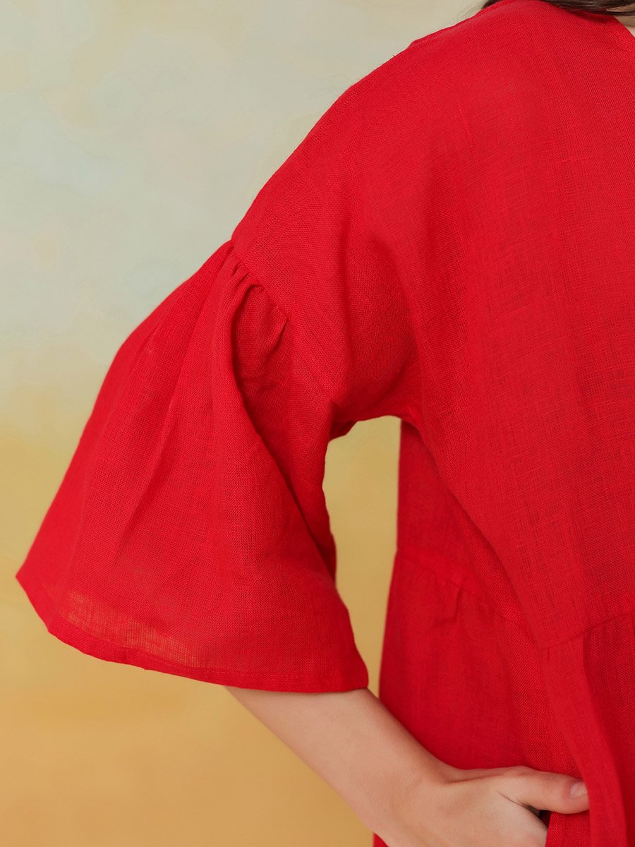 Women Red Linen Blend V Neck A-Line Midi Dress