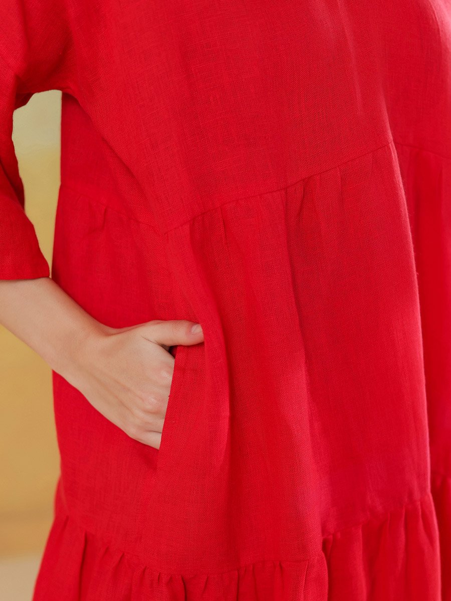 Women Red Linen Blend V Neck A-Line Midi Dress