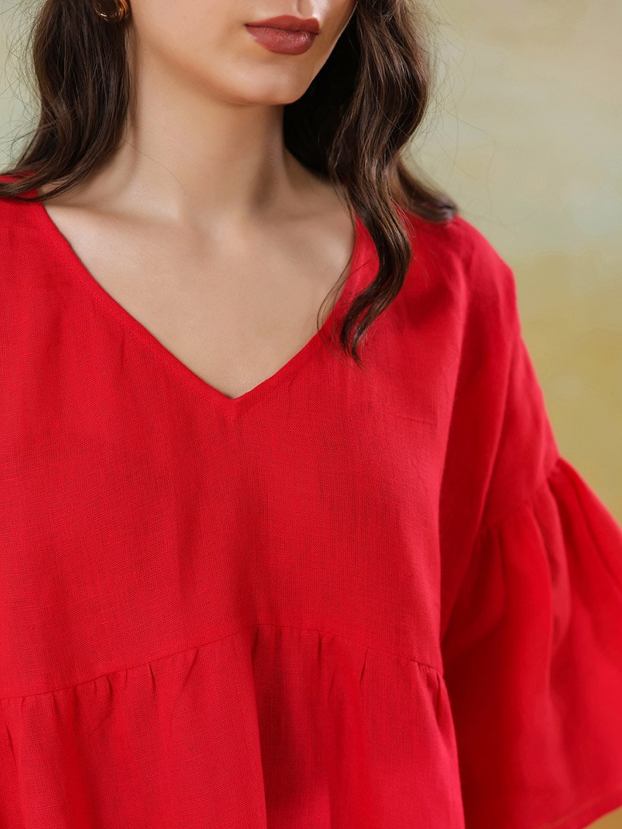 Women Red Linen Blend V Neck A-Line Midi Dress