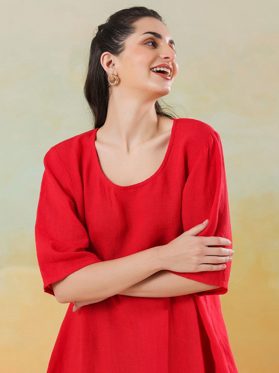 Women Red Linen Blend Round Neck A-Line Knee-Length Dress