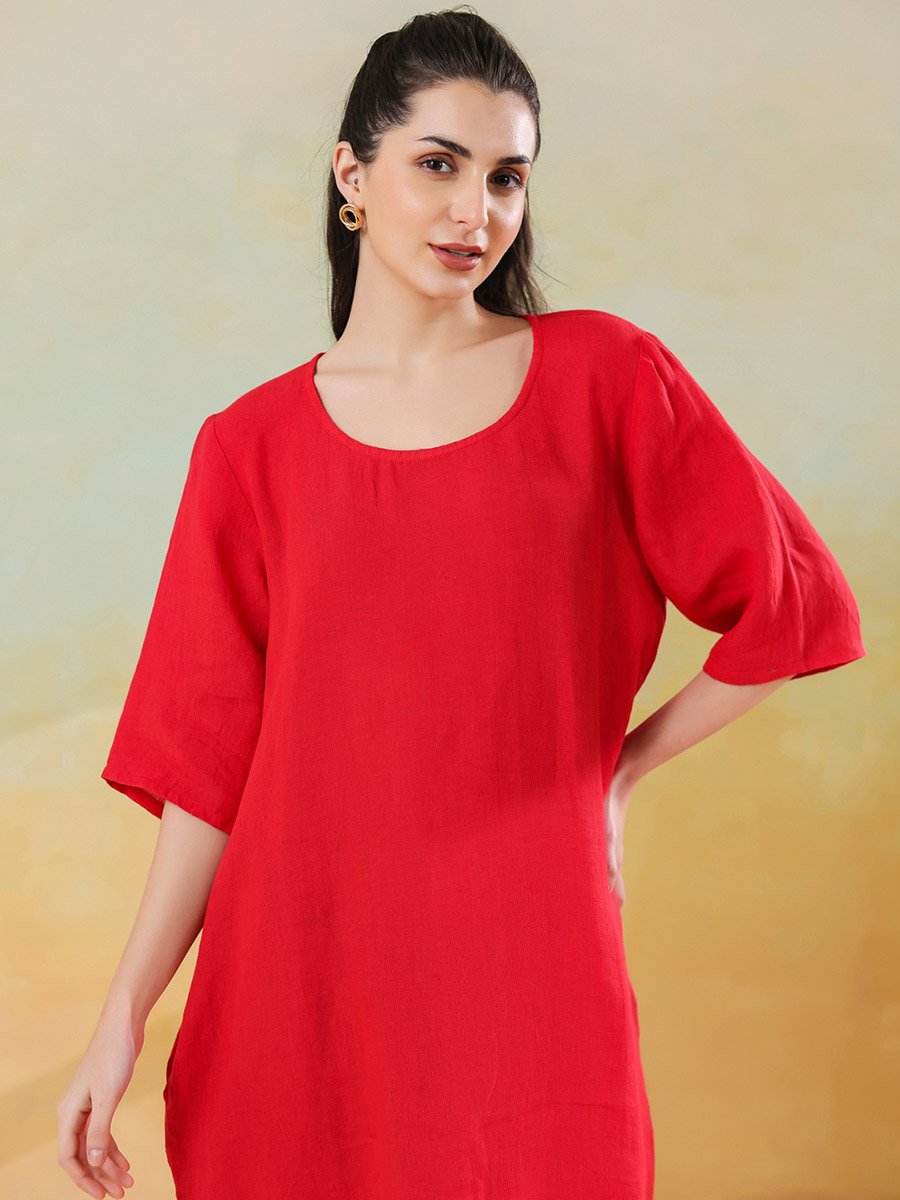 Women Red Linen Blend Round Neck A-Line Knee-Length Dress