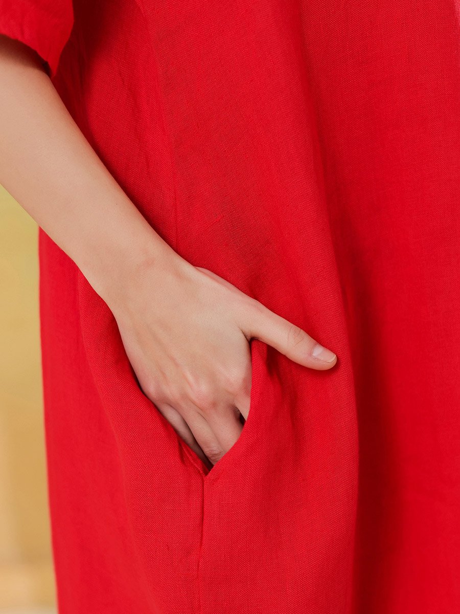 Women Red Linen Blend Round Neck A-Line Knee-Length Dress