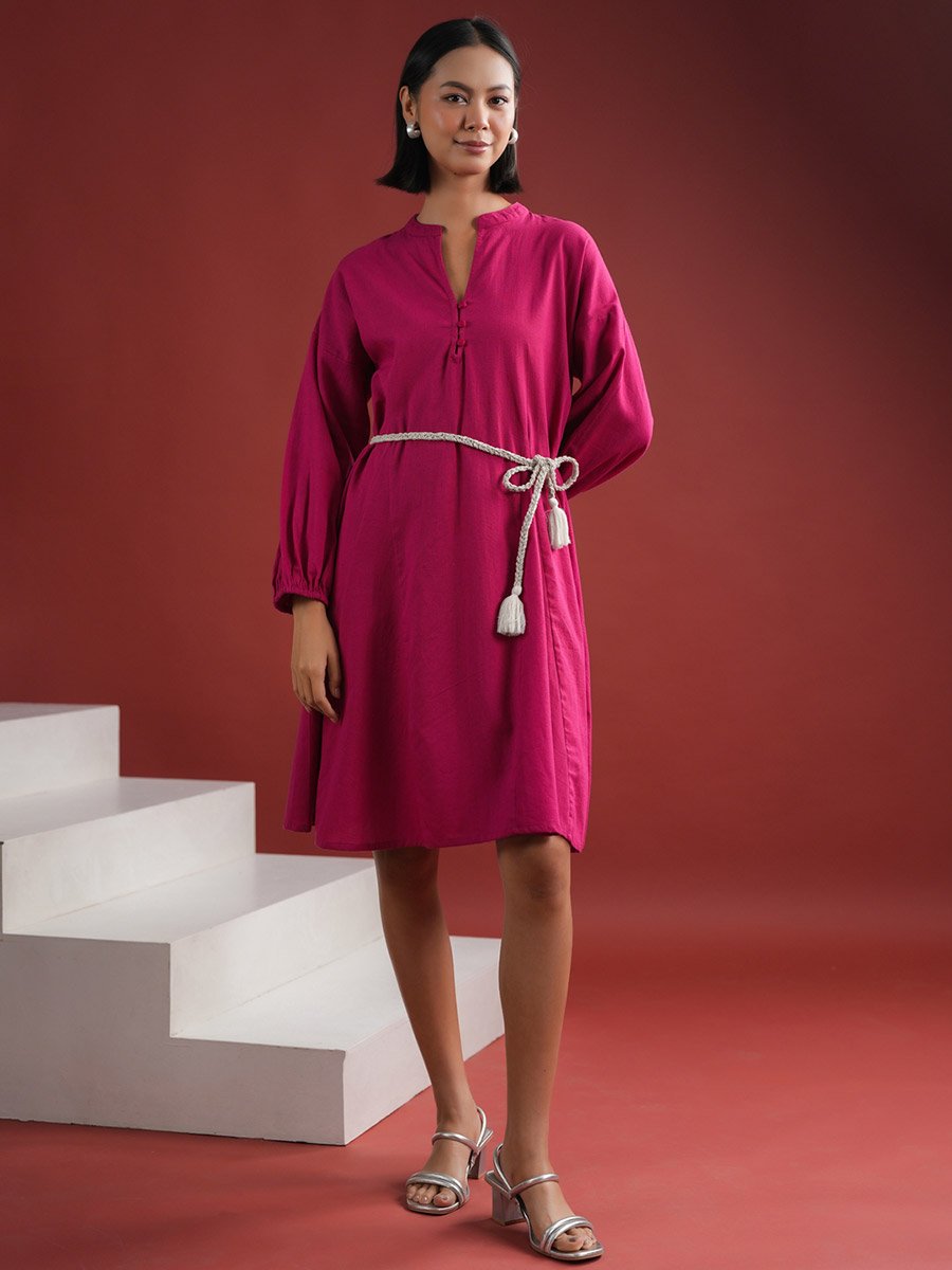 Women Pink Solid Collared Cotton A-Line Knee Length Dress