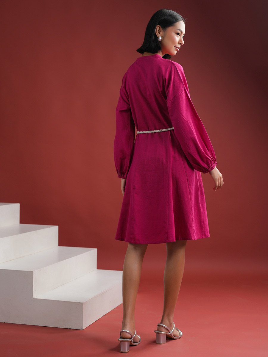 Women Pink Solid Collared Cotton A-Line Knee Length Dress