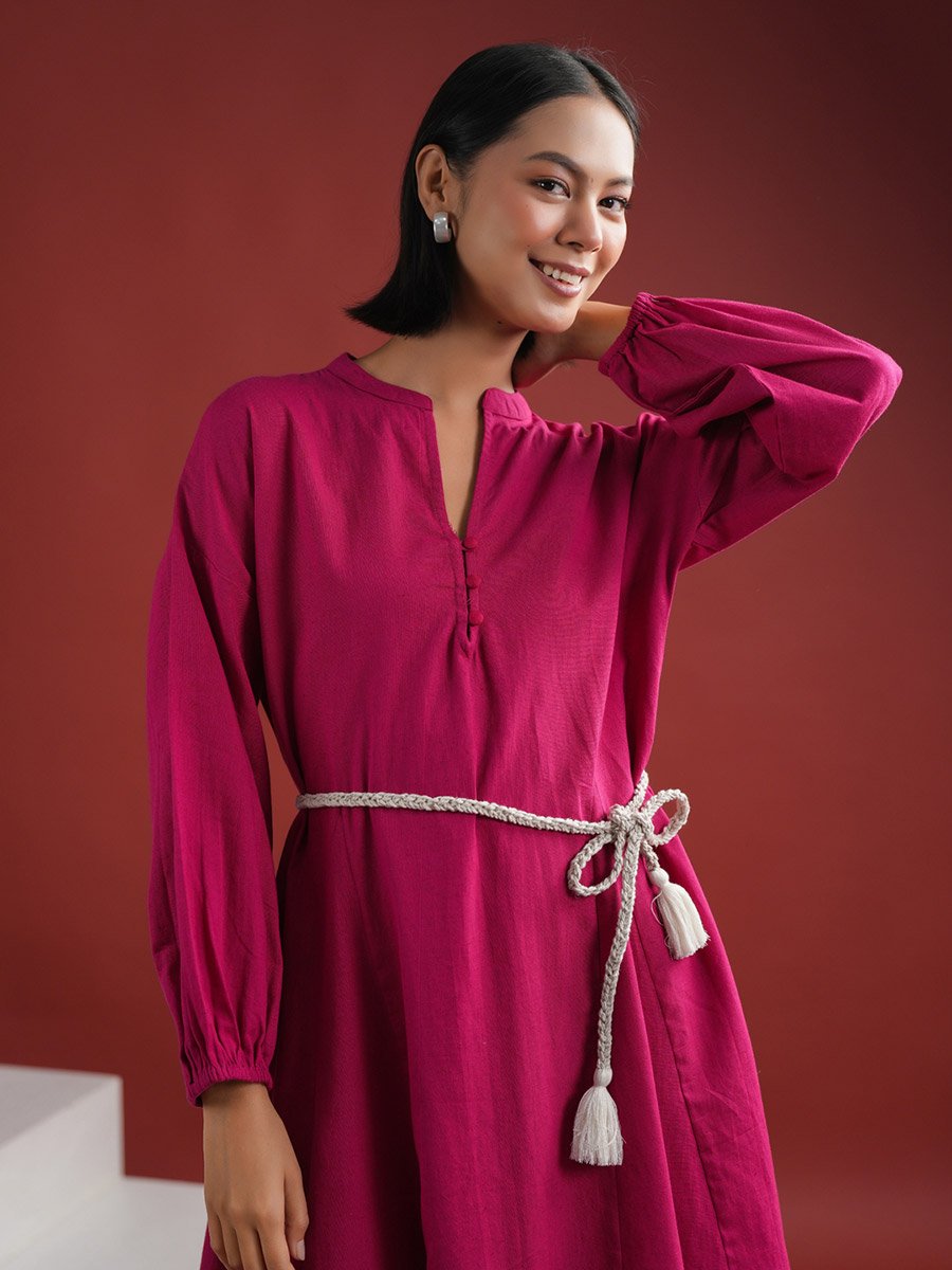 Women Pink Solid Collared Cotton A-Line Knee Length Dress