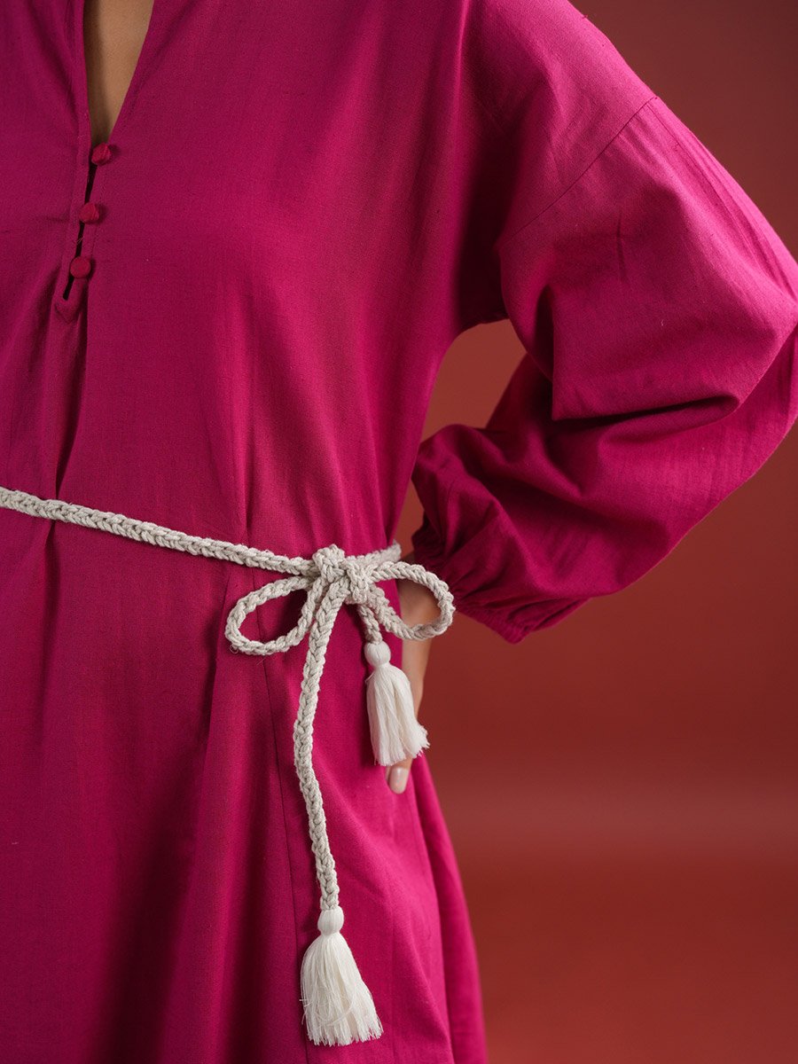 Women Pink Solid Collared Cotton A-Line Knee Length Dress