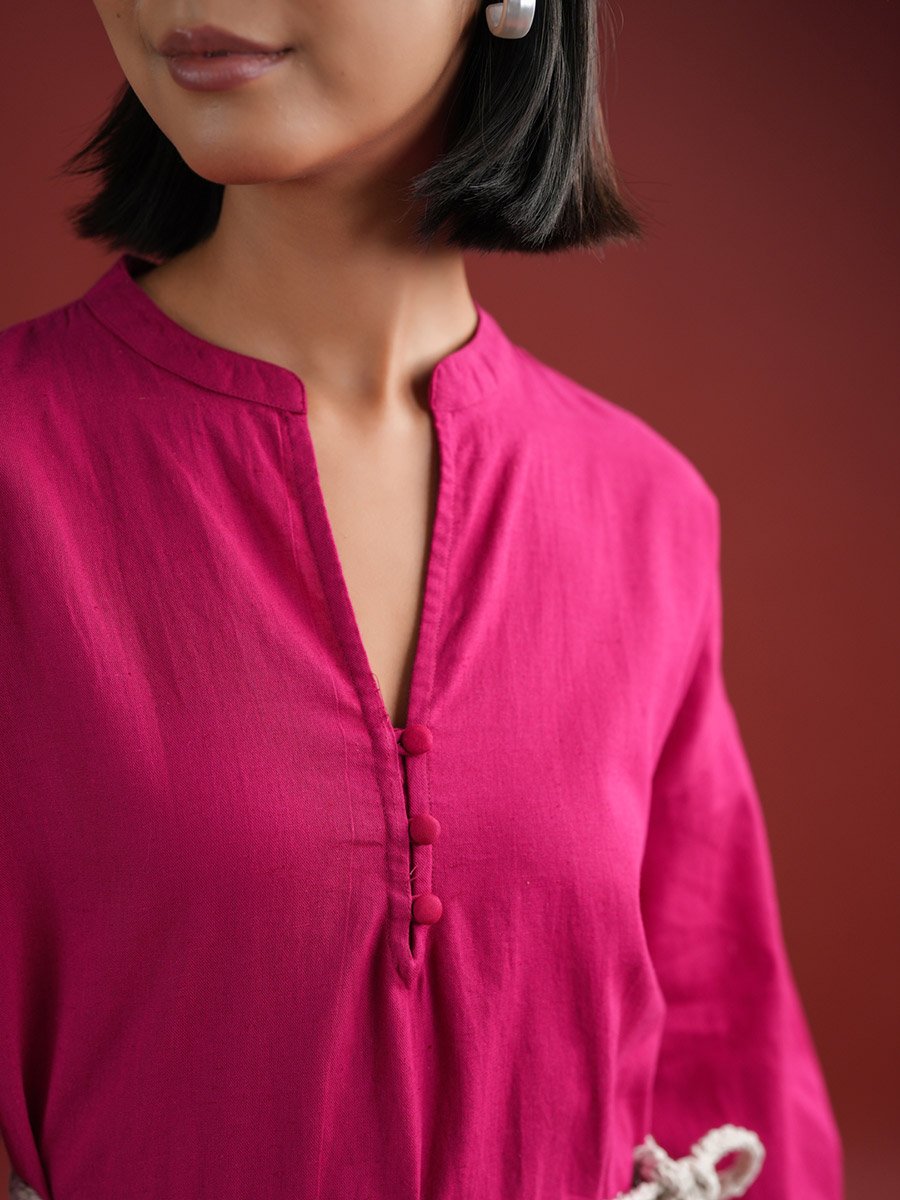 Women Pink Solid Collared Cotton A-Line Knee Length Dress