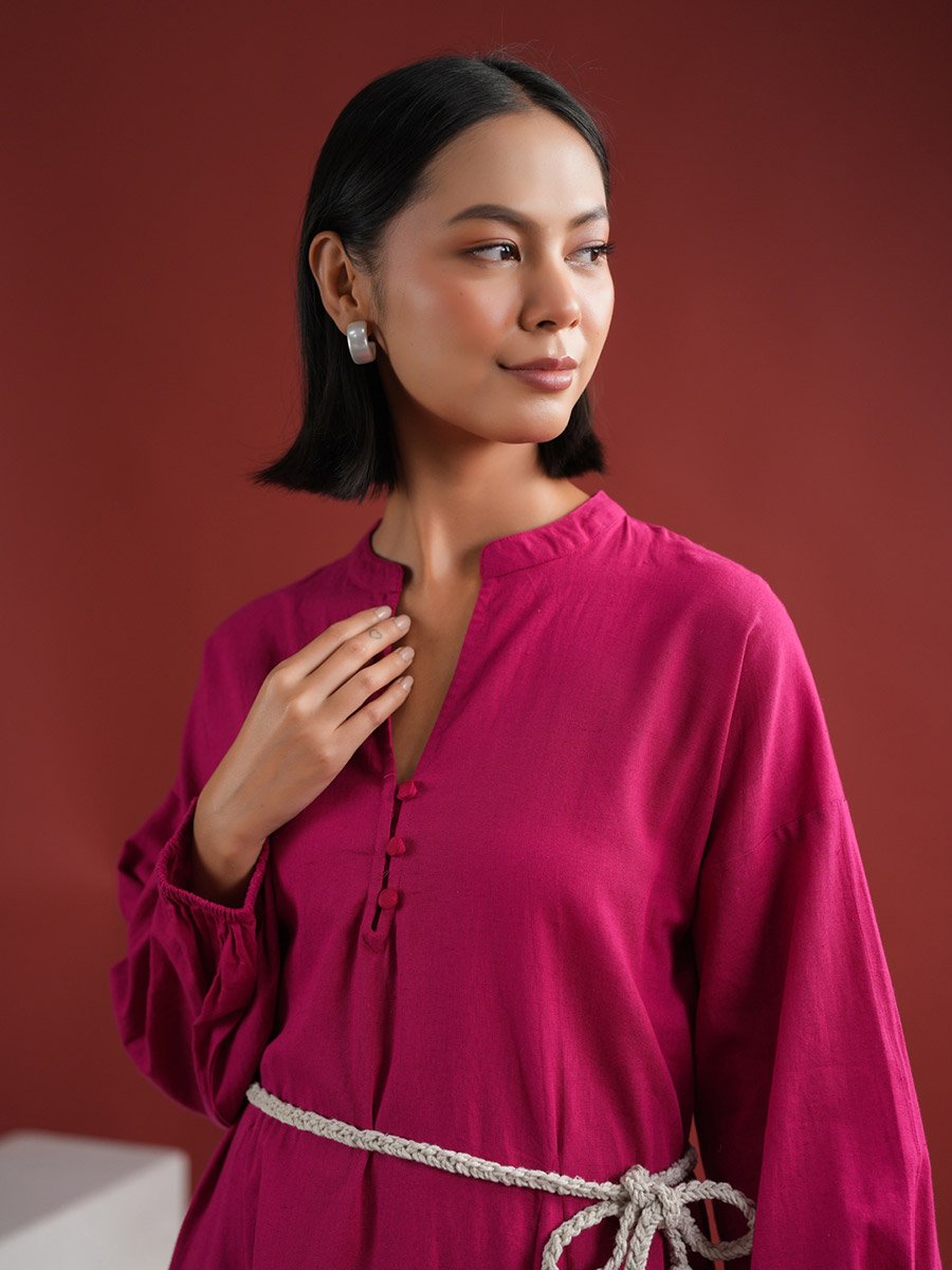 Women Pink Solid Collared Cotton A-Line Knee Length Dress