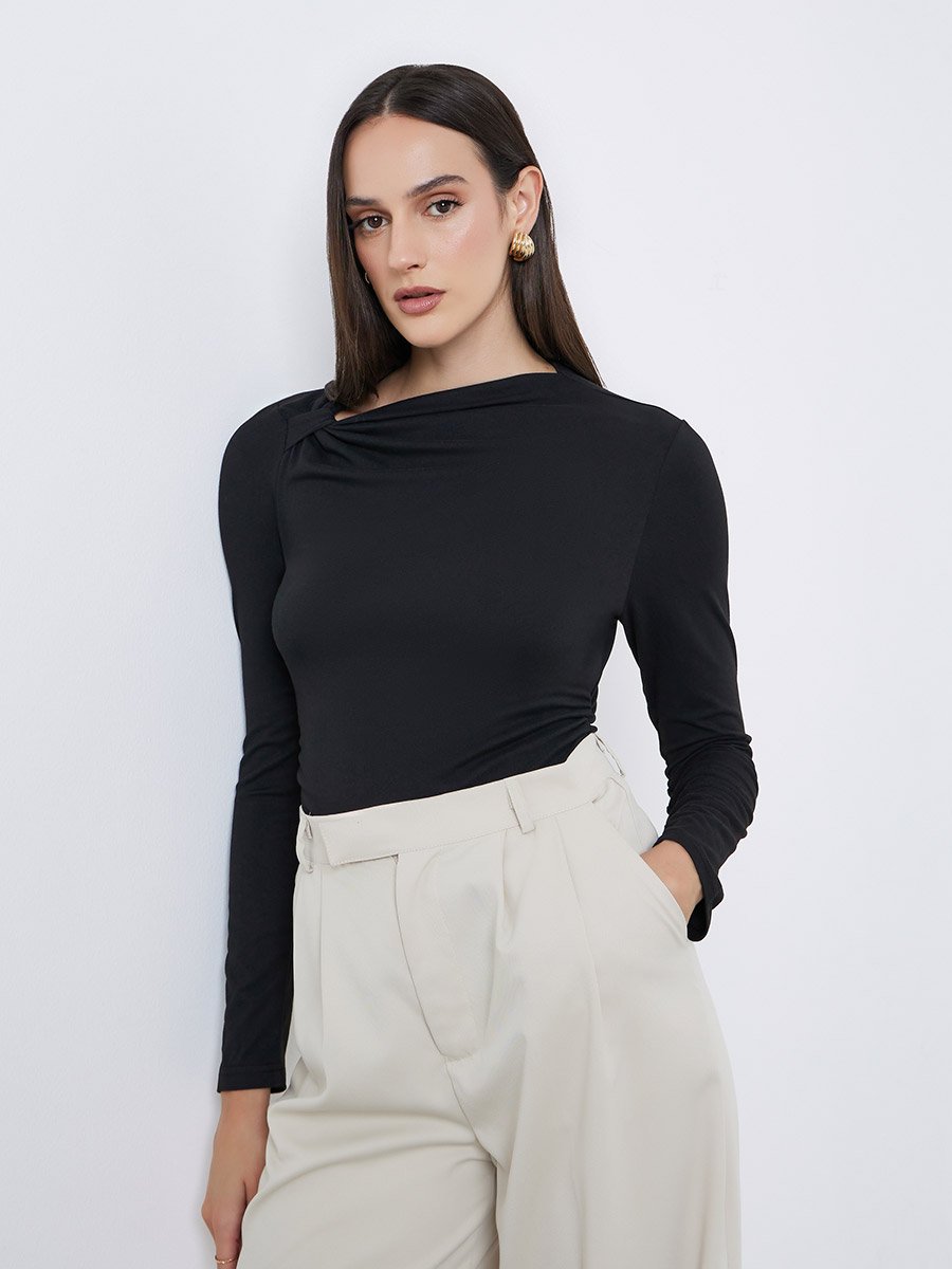 Women Black Asymmetric Neck Fitted Top
