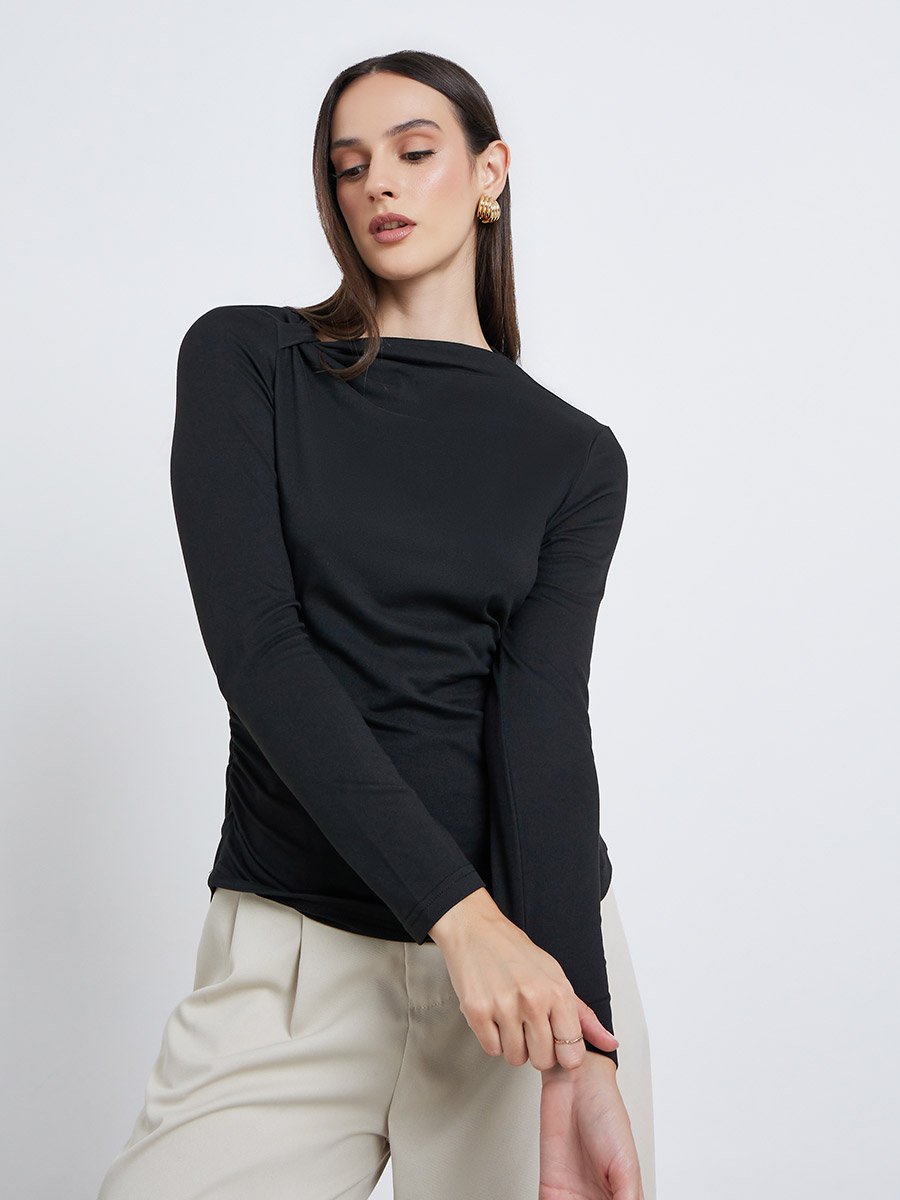 Women Black Asymmetric Neck Fitted Top