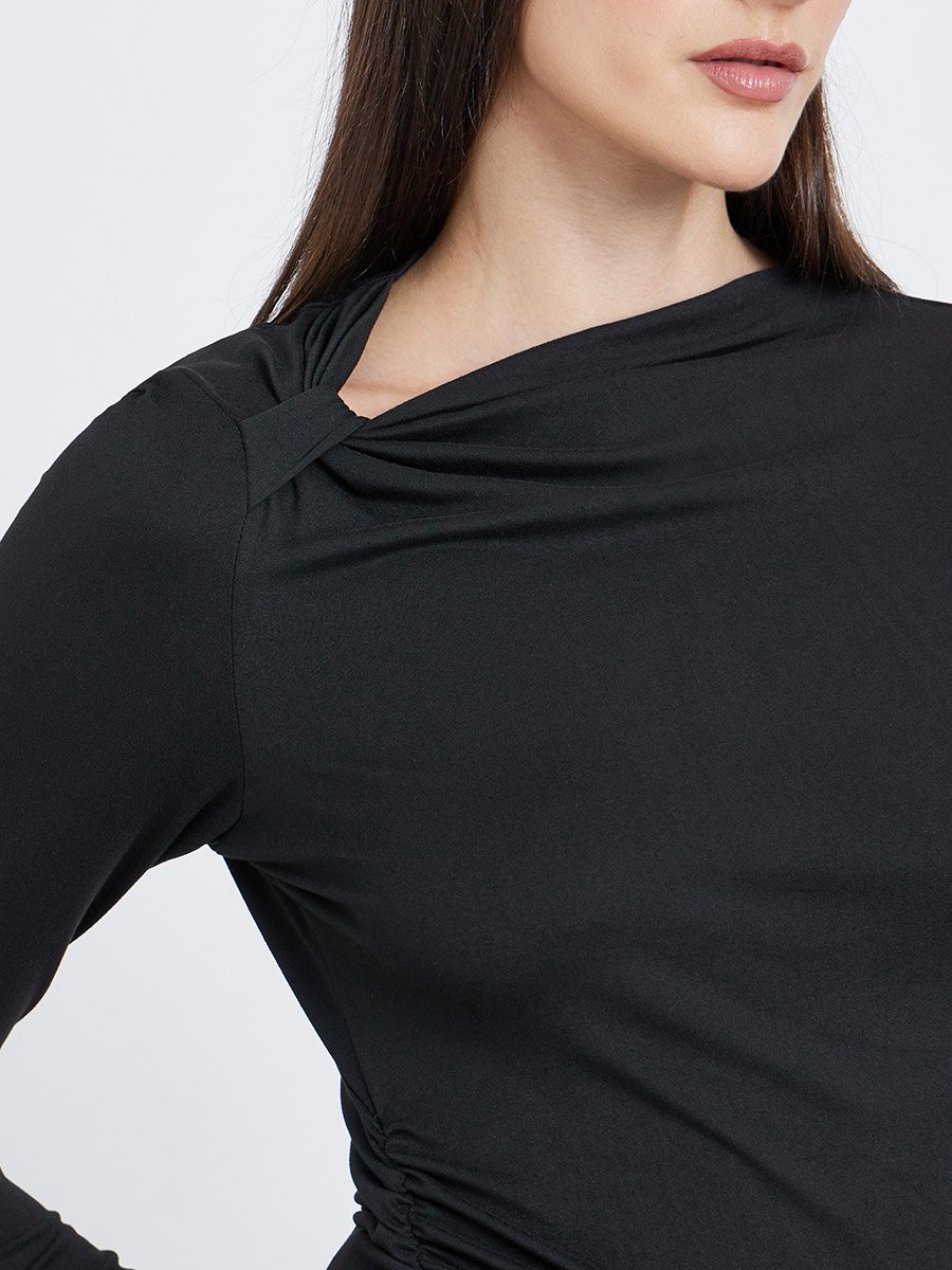 Women Black Asymmetric Neck Fitted Top