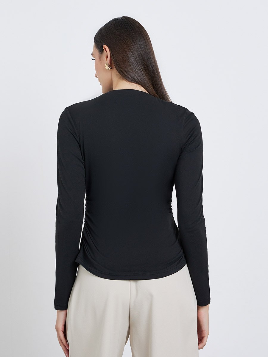 Women Black Asymmetric Neck Fitted Top