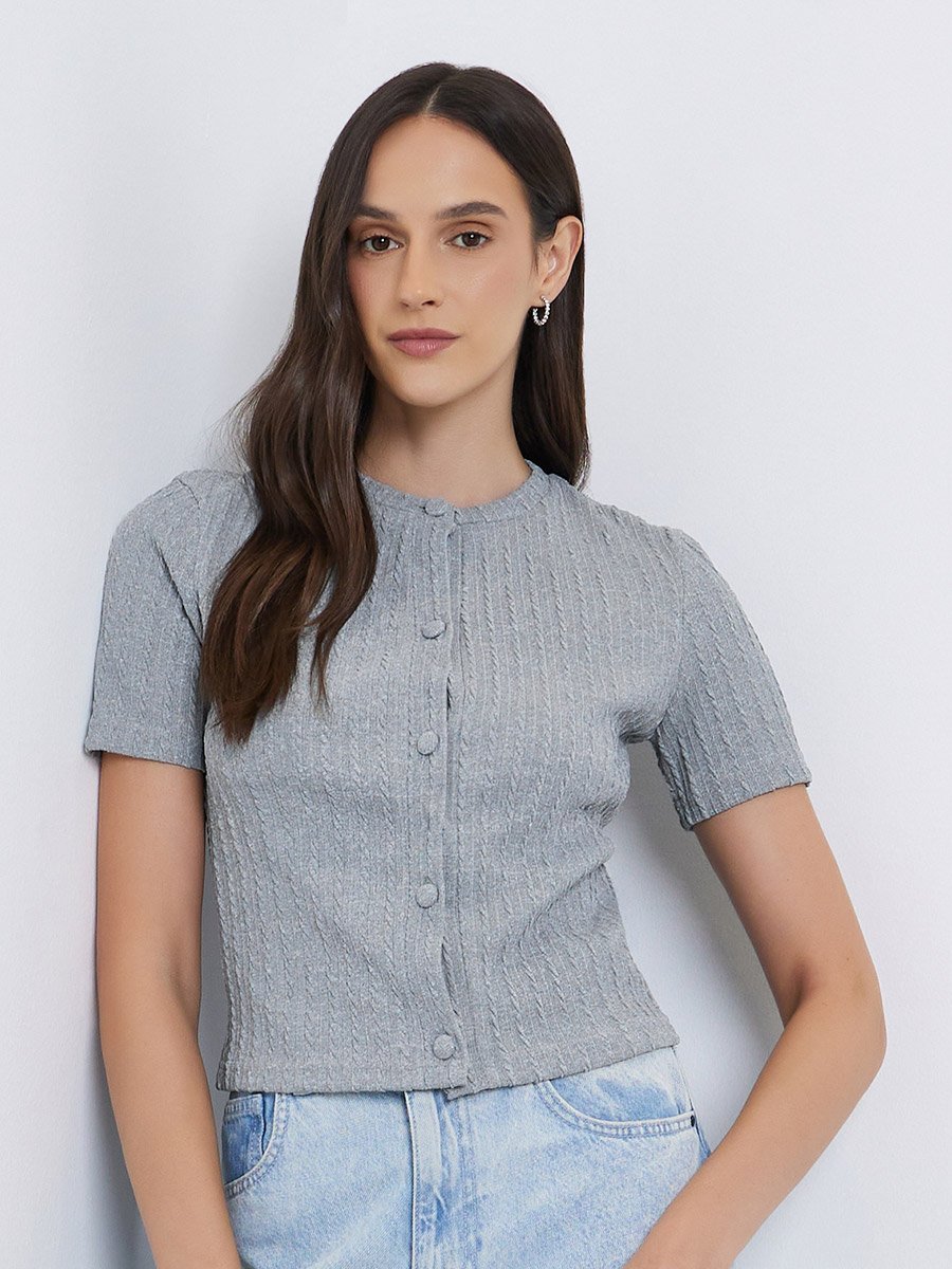 Women Grey Textured Buttoned Knit Top