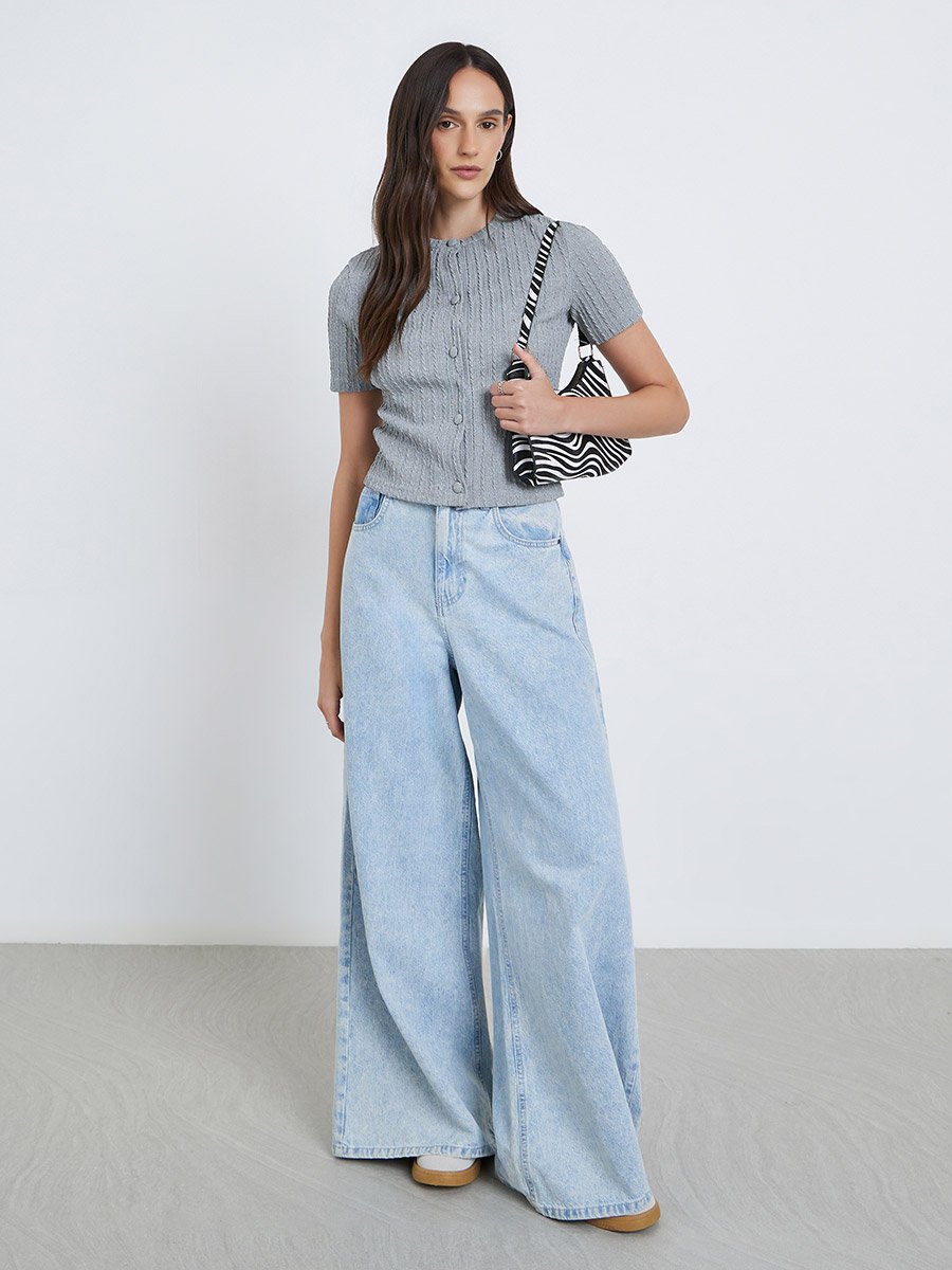 Women Grey Textured Buttoned Knit Top