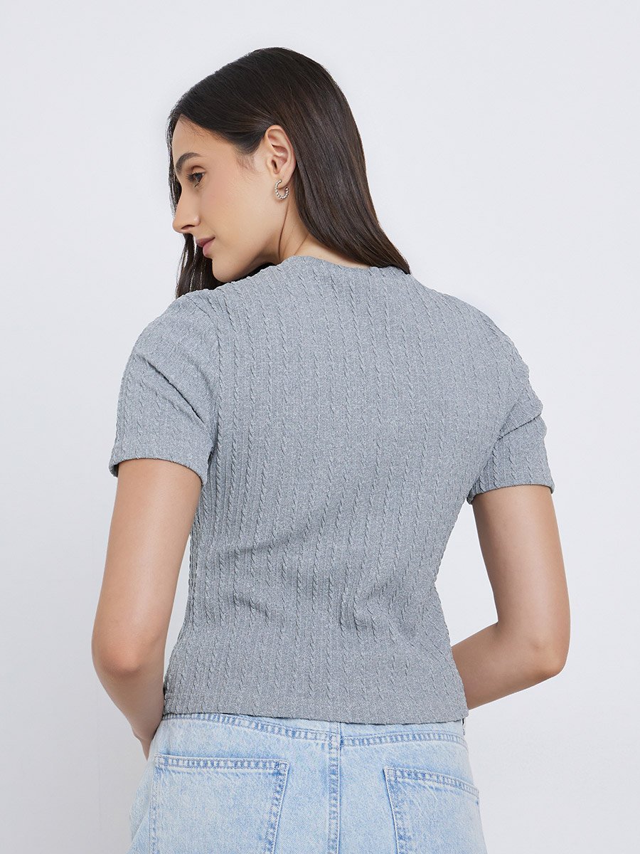 Women Grey Textured Buttoned Knit Top