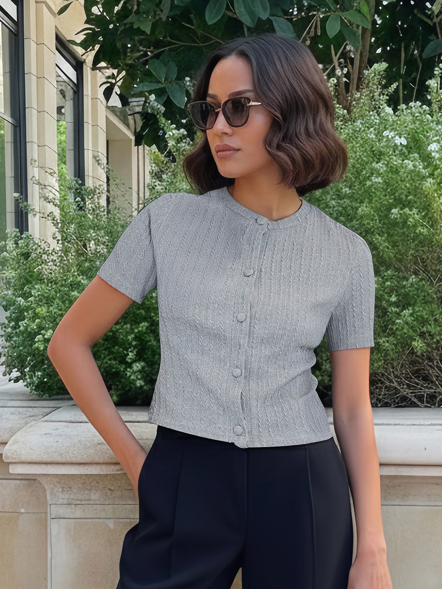 Women Grey Textured Buttoned Knit Top