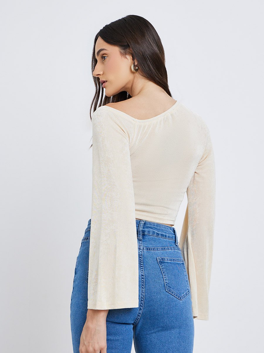 Women Beige One Shoulder Crop Top
