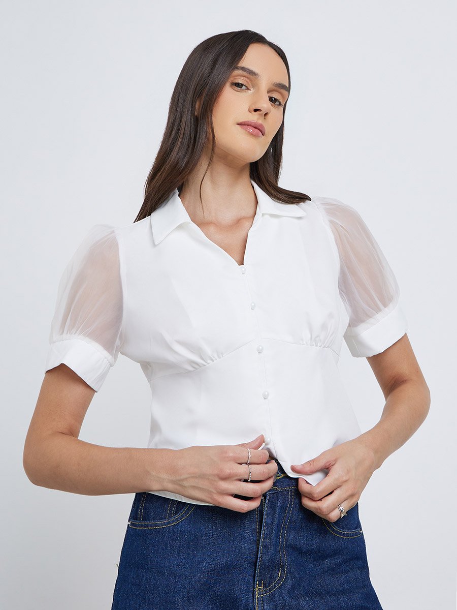Mesh Insert Puff Sleeve Buttoned Top