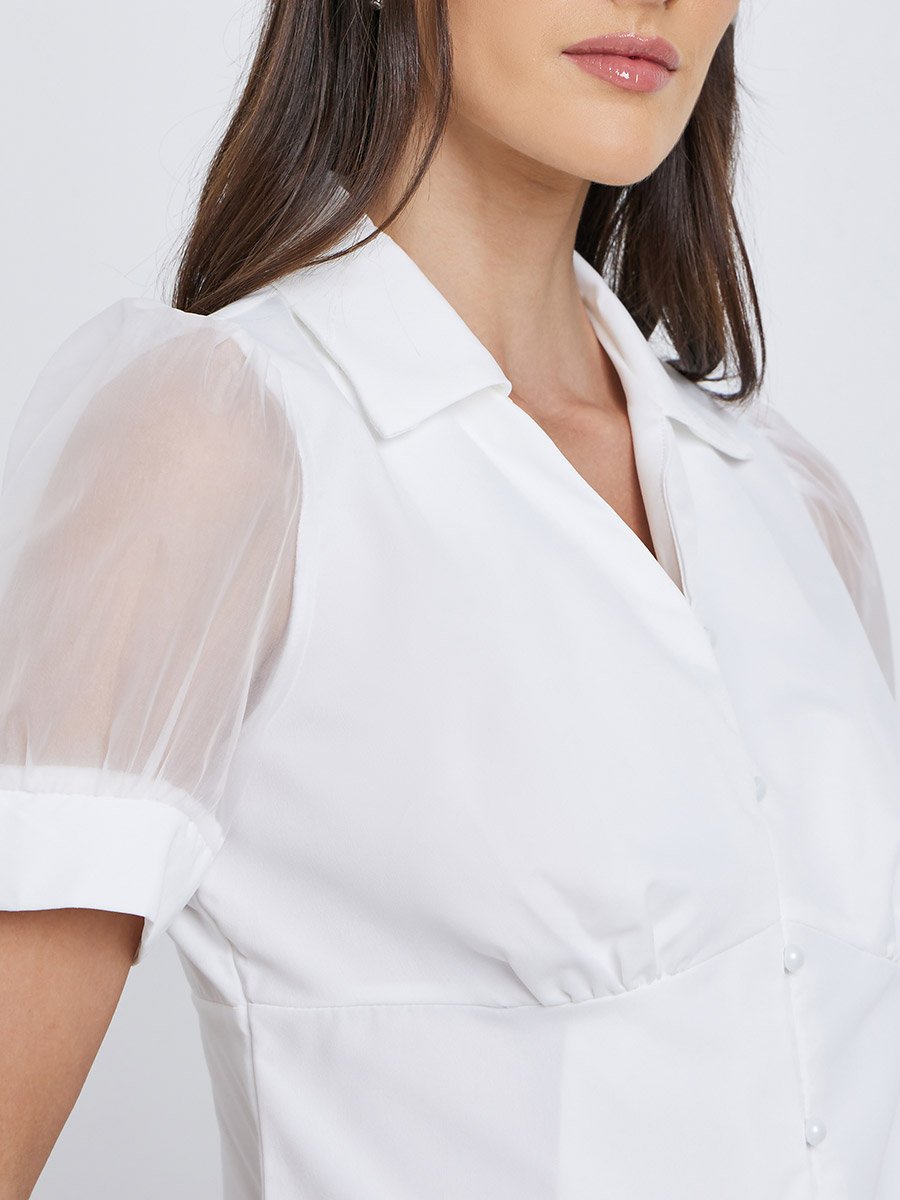 Mesh Insert Puff Sleeve Buttoned Top