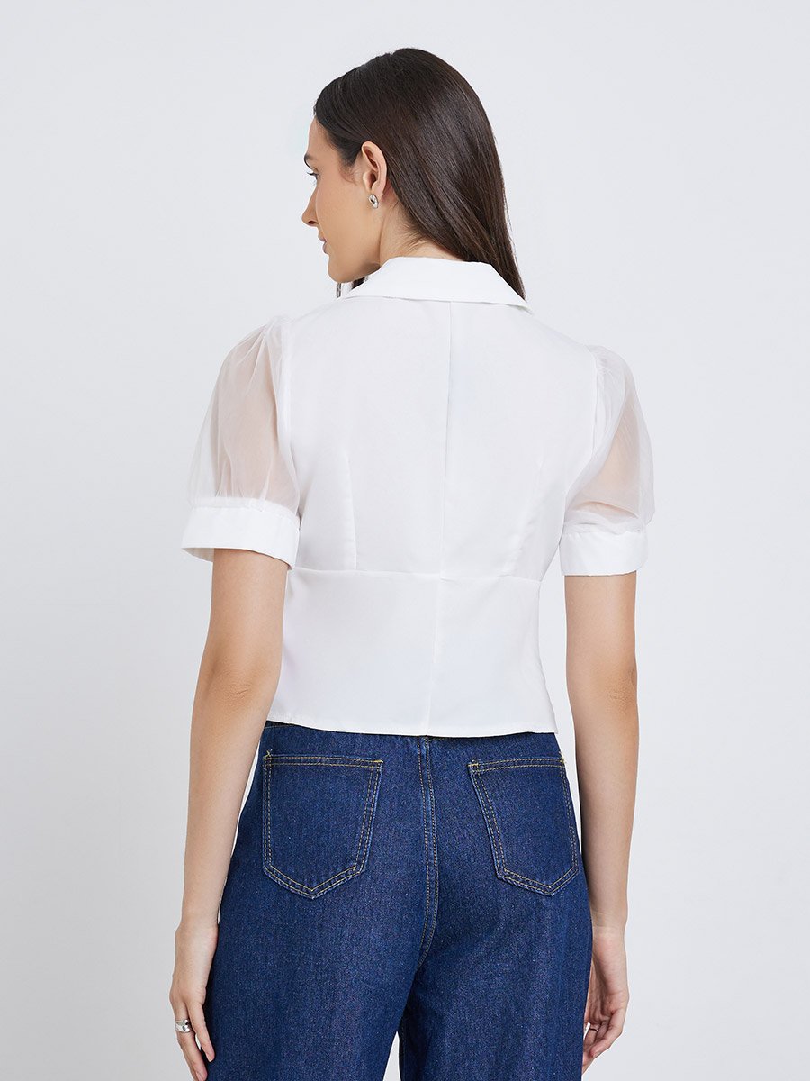 Mesh Insert Puff Sleeve Buttoned Top