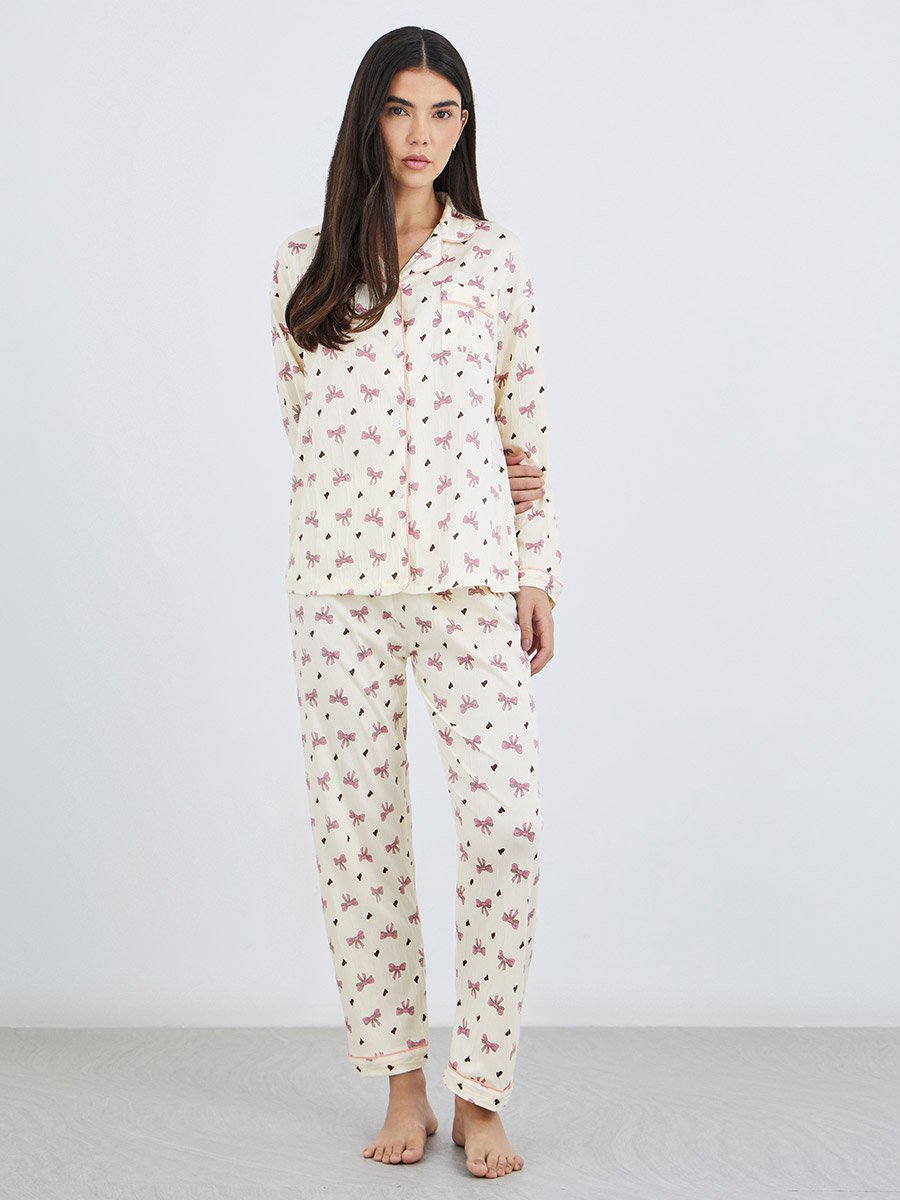 Bowknot Print Cotton Shirt and Pyjama Set