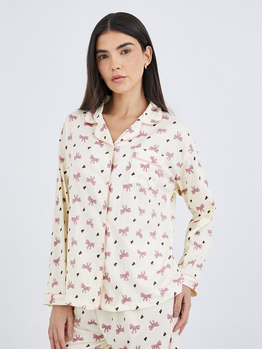 Bowknot Print Cotton Shirt and Pyjama Set