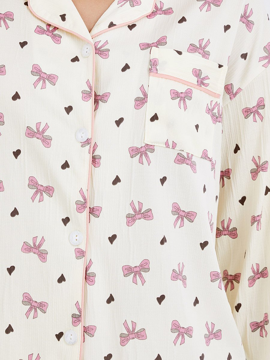 Bowknot Print Cotton Shirt and Pyjama Set