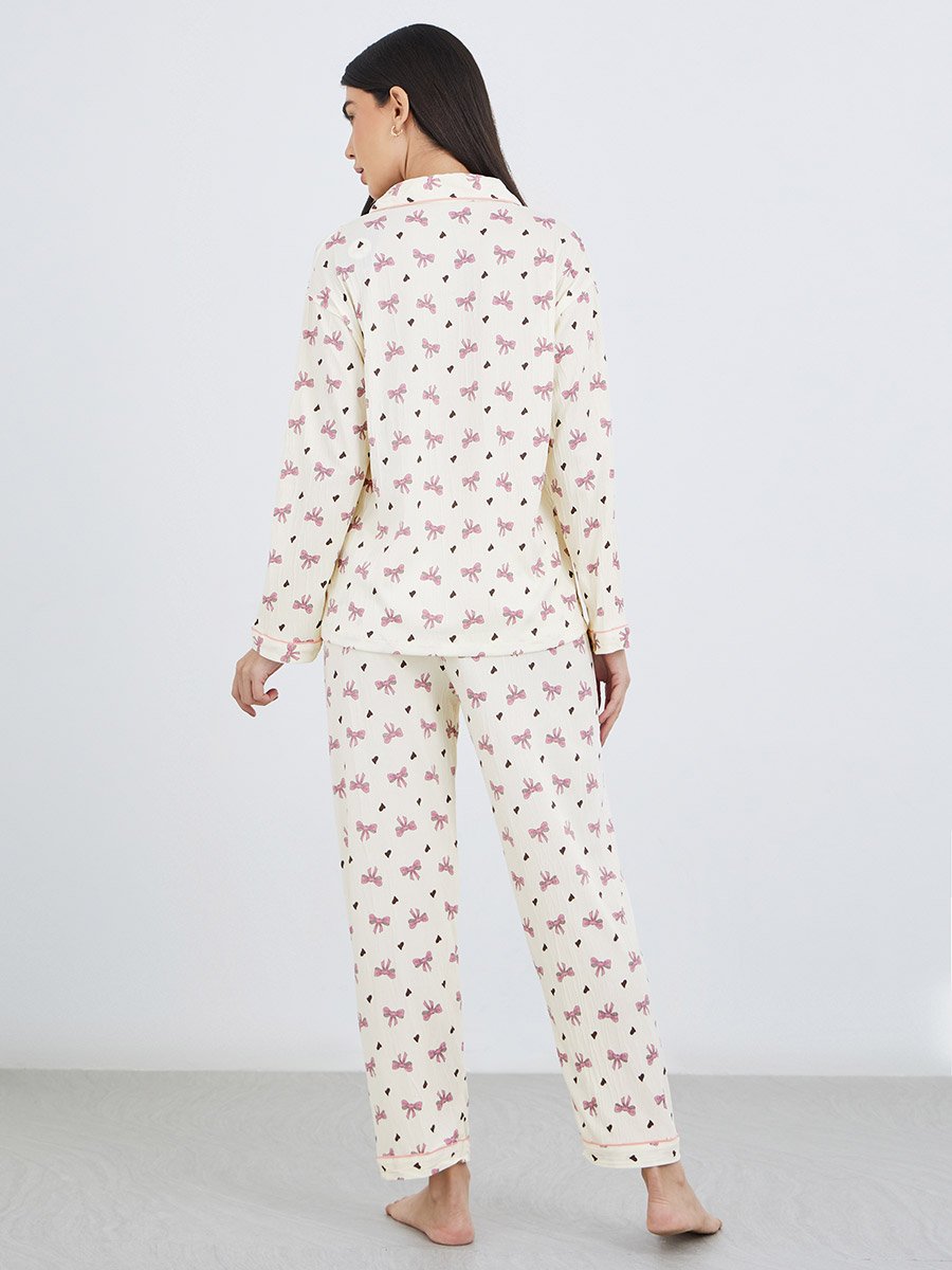 Bowknot Print Cotton Shirt and Pyjama Set