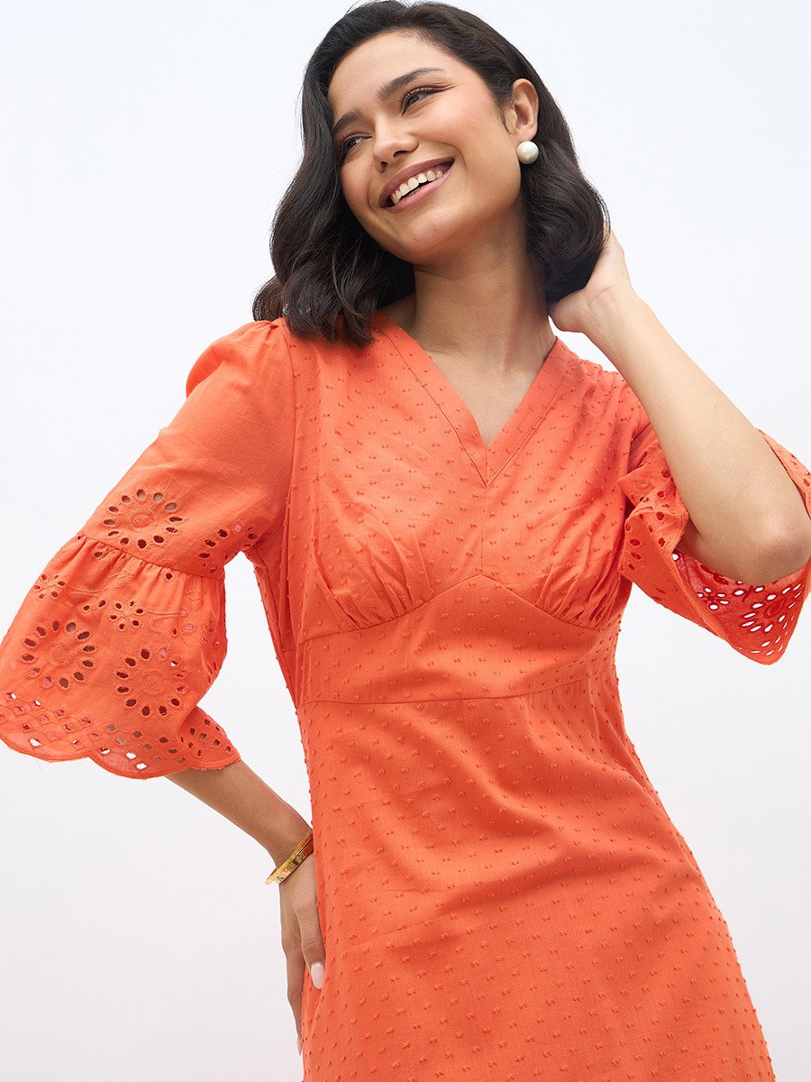 Schiffli A-Line Maxi Dress with 3/4th Sleeves
