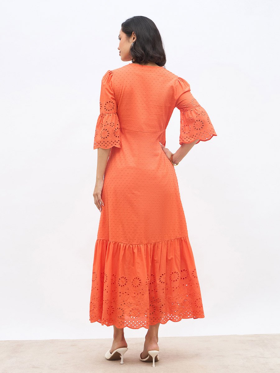 Schiffli A-Line Maxi Dress with 3/4th Sleeves
