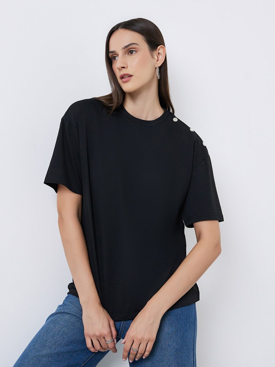 Black Oversized T-Shirt with Button Detail