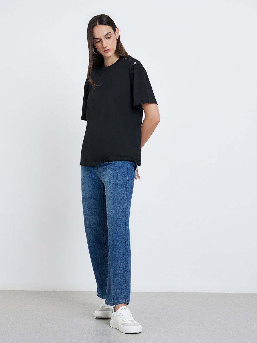 Black Oversized T-Shirt with Button Detail