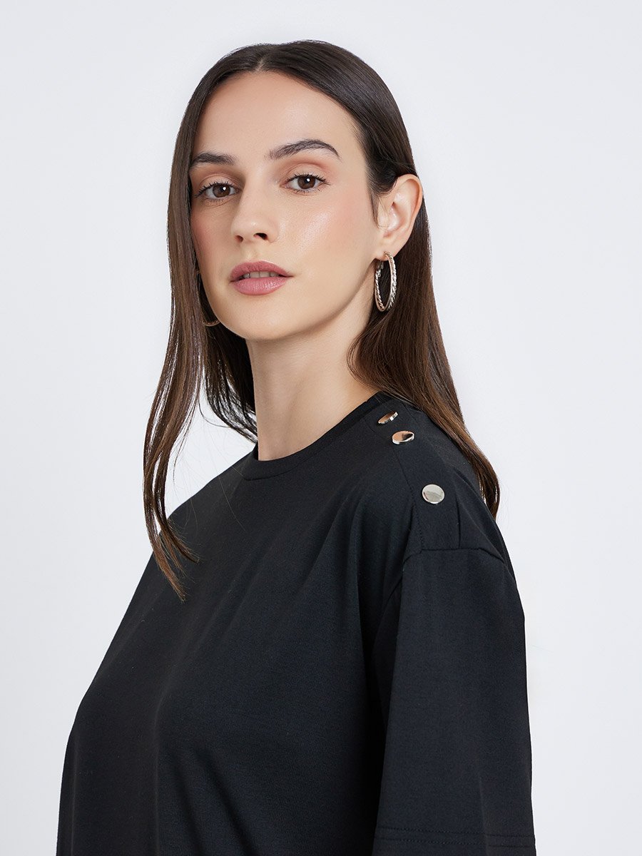 Black Oversized T-Shirt with Button Detail