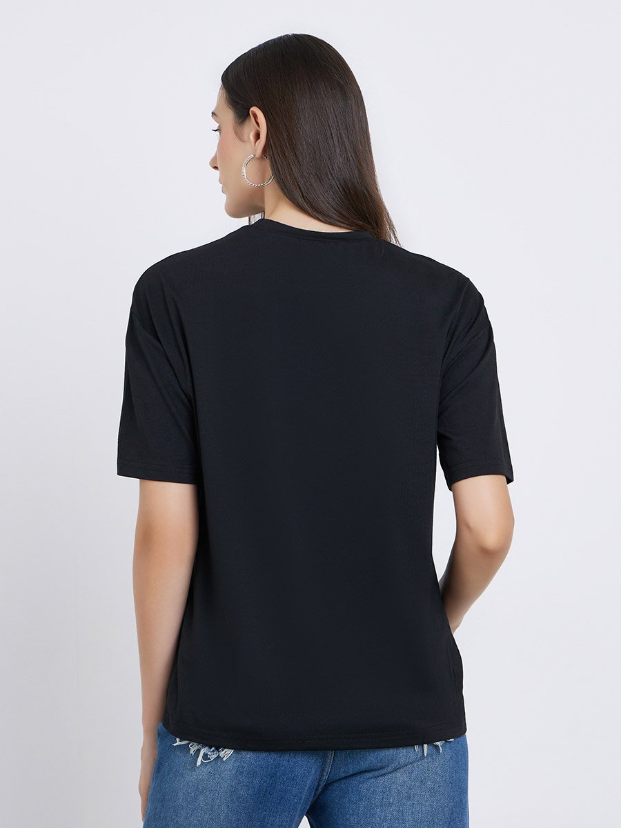 Black Oversized T-Shirt with Button Detail